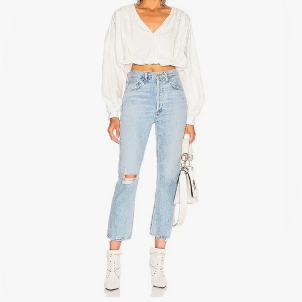 AGOLDE Jeans Riley High Rise Straight Crop in Shatter Size 32 Distressed Raw Hem